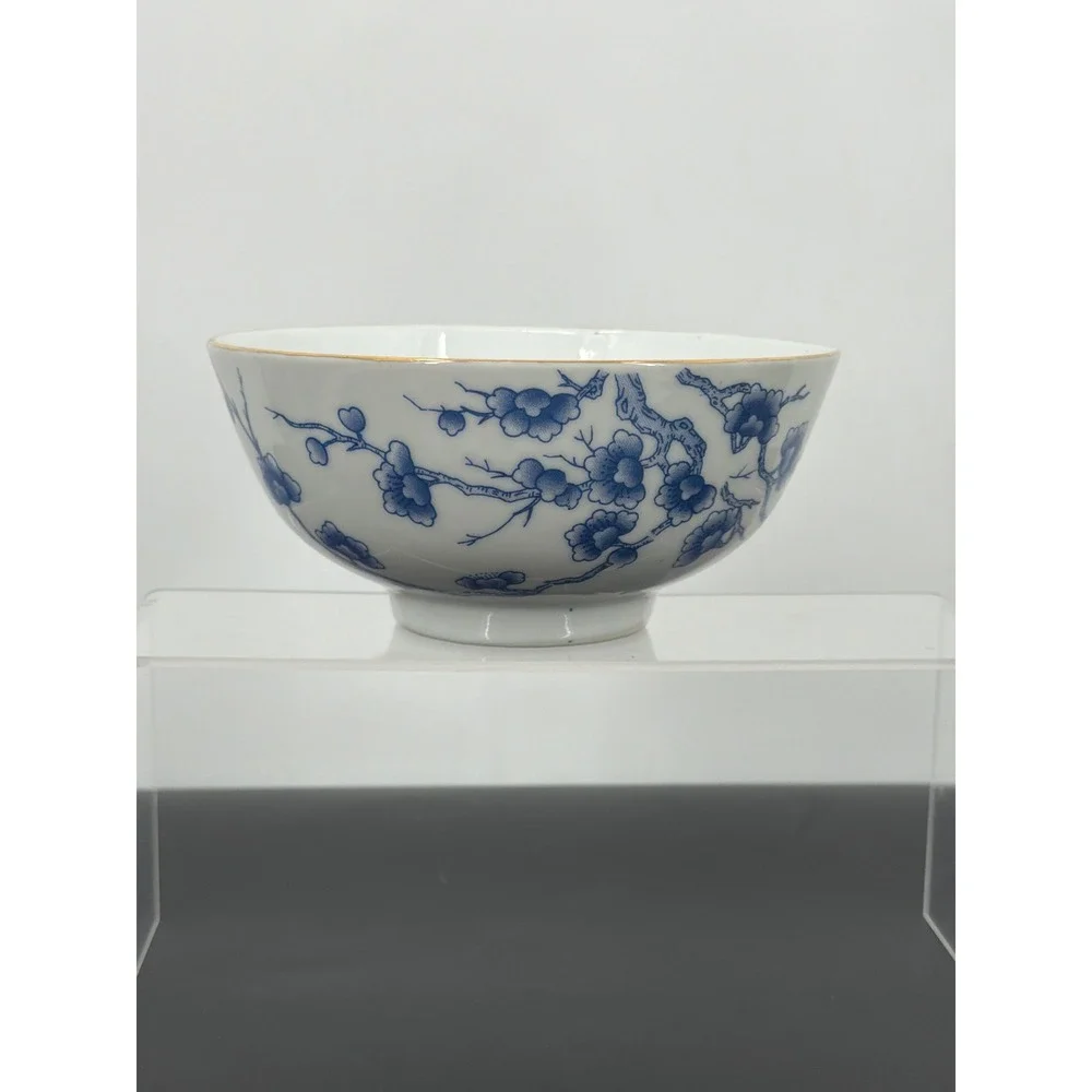 Vintage Blue White Porcelain Cherry Blossom Butterfly Bowl Gold‎ Rim Footed 6in